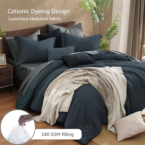 Monbix King Comforter Set 7 Pieces Navy Blue Cationic Dyeing Bed in a Bag - Image 3