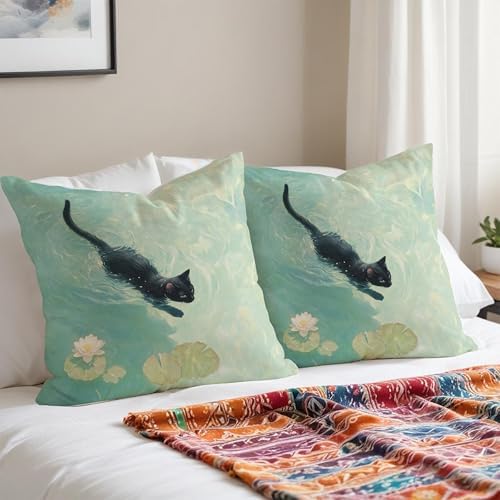 Black Cat Art Painting Throw Pillow Covers 18x18, Aesthetic Cats Decor Pillow - Image 3
