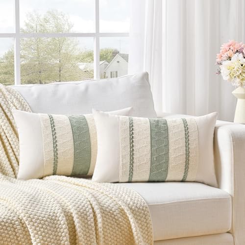 Fancy Homi Set of 2 Sage Green Boho Lumbar Decorative Throw Pillow Covers 12x24 by Fancy+Homi