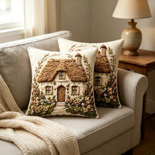 2D Flat Thatched Roof Cottage Linen Throw Pillow Covers 18x18 Set of 2 - Image 7