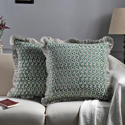 Ridhi Basil Green Block Print Ruffle Pillow Covers 20x20 Inch Set of 2 - Image 2