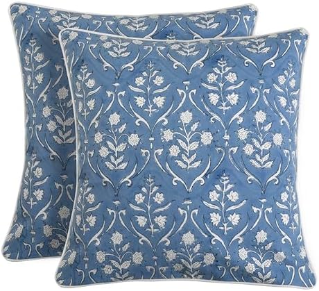 Ridhi Block Print Cornflower Blue Pillow Cover 18" x 18" Decorative Couch by Ridhi