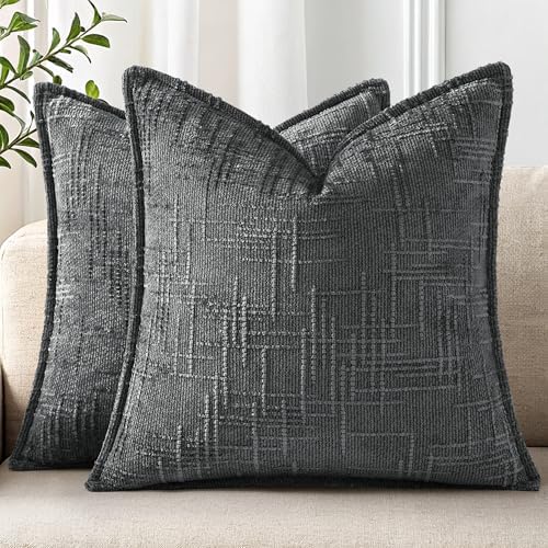 decorUhome Chenille Throw Pillow Covers 18x18 Set of 2, Dark Grey by decorUhome