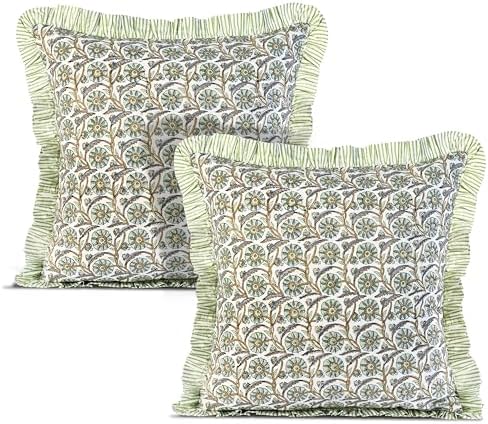 Ridhi Bloom Bubbles Block Print Ruffle Pillow Covers 20x20 Inch Set of 2 by Ridhi