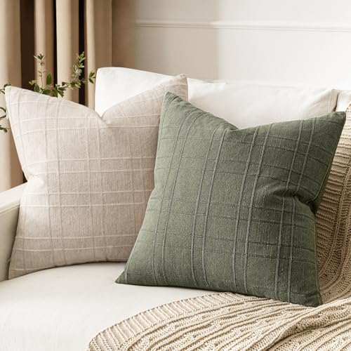 MIULEE Linen Plaid Pillow Covers Decorative Euro 24x24 Olive Green - Image 4