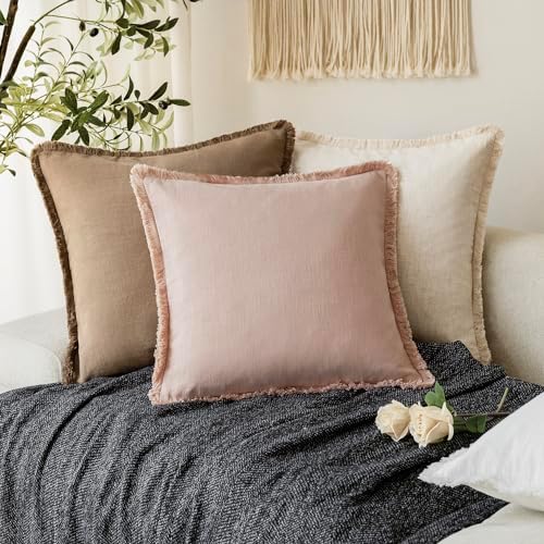 Foindtower Decorative Linen Fringe Throw Pillow Covers 18×18 Light Pink - Image 5