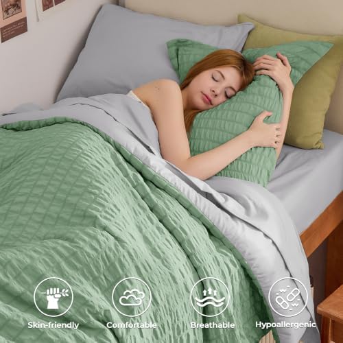 HYMOKEGE Sage Green/Light Grey Twin Comforter Set Seersucker 5 Pieces, All - Image 2