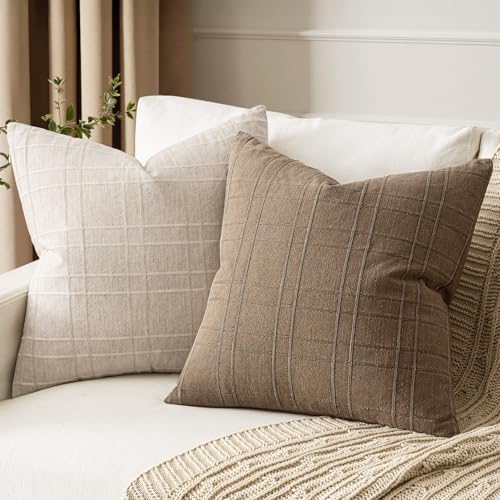MIULEE Linen Plaid Pillow Covers Fall Decorative 20x20 Light Brown - Image 3
