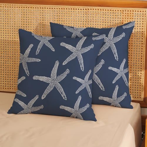 Navy Blue Starfish Pillow Covers 18x18 Inch Set of 2 Coastal Throw Pillows - Image 2