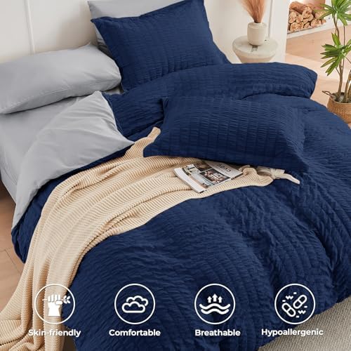 HYMOKEGE Navy Blue/Light Grey Oversized King Comforter Set Seersucker 7 Pieces - Image 3