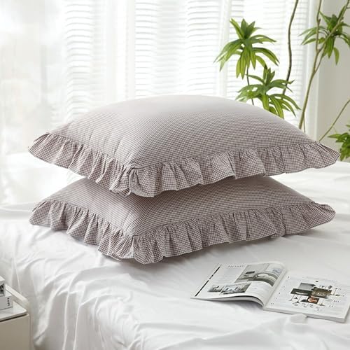 Gingham Pillow Shams 20x26, Ruffle Trim - Image 7