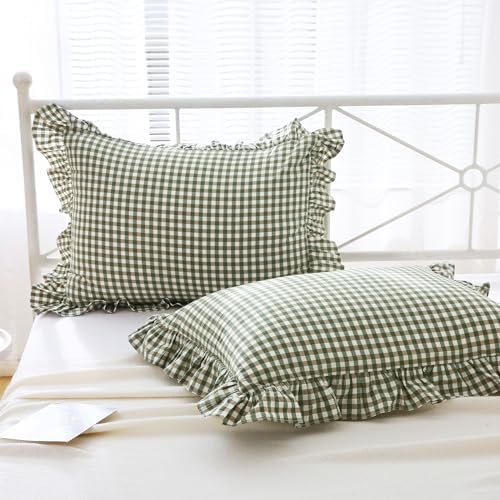 Mywinlle Sage Green Plaid Gingham Ruffle Pillow Shams Queen Size 20"x30" - Image 2
