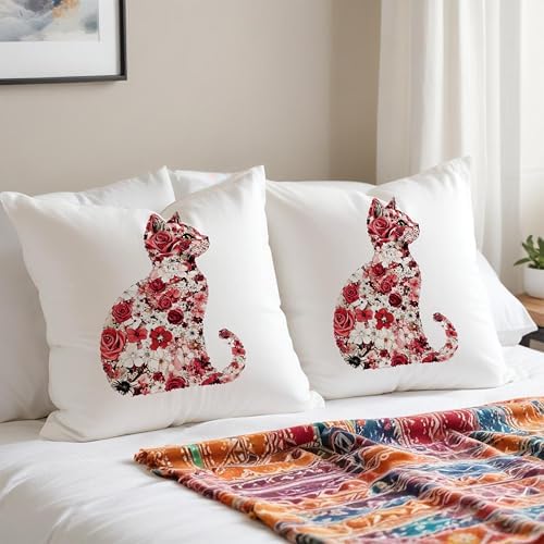 Red and White Floral Cat Pillow Covers 18x18, Gifts - Image 3