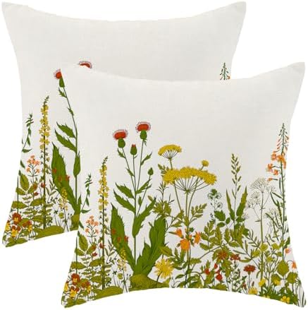 AEIOAE Yellow and Green Pillow Covers 18x18 Inch Set of 2, Spring Wildflower by AEIOAE