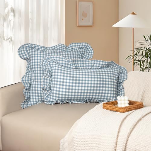 JoraLion Ruffled Throw Pillow Cover 12x20 Gingham Smoke Blue - Image 2