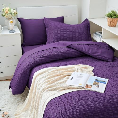 HYMOKEGE Dark Purple Twin Comforter Set Seersucker 5 Pieces, All Season Luxury - Image 3