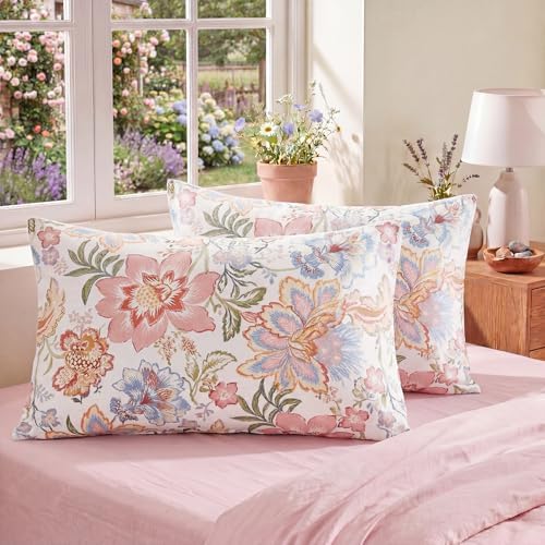 Bedorm Pink Floral Pillow Cases Set of 2 Cotton Pillow Cover King Size Flower by Bedorm