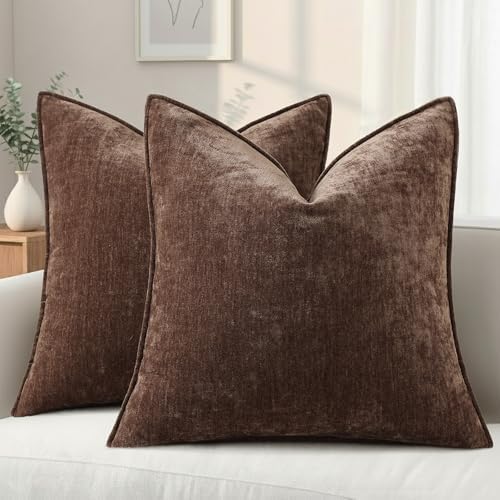 decorUhome Chenille Dark Brown Velvet Throw Pillow Covers 20x20 Set of 2 by decorUhome