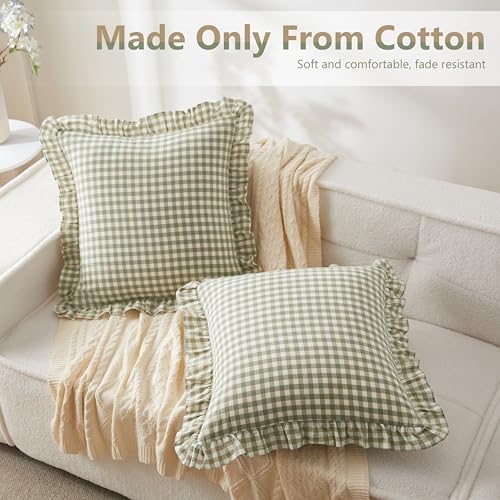 KKJIAF 2 Pcs Ruffle Gingham Pillow Covers 18" x 18", Sage Green Plaid - Image 3
