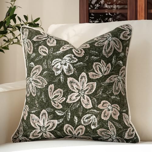 MATTINS Vintage Floral Patterned Throw Pillow Cover 20x20, Olive Green 1PC by MATTINS