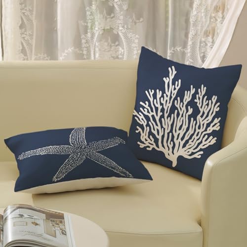 Navy Blue Coral Starfish Pillow Covers 20x20 Inch Set of 2 Coastal Throw - Image 4