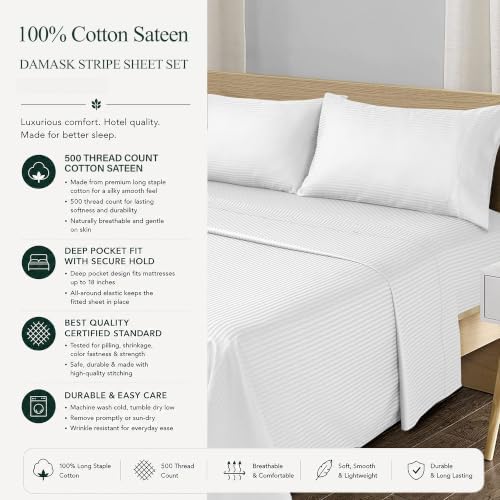 Feather & Stitch 100% Cotton Sateen 500 TC Twin Size Bed Sheet Set - Image 6