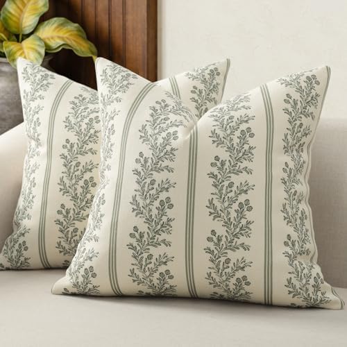 Vintage Throw Pillow Covers 16x16 Set of 2, Striped Floral Pillow Cover by DKwizme