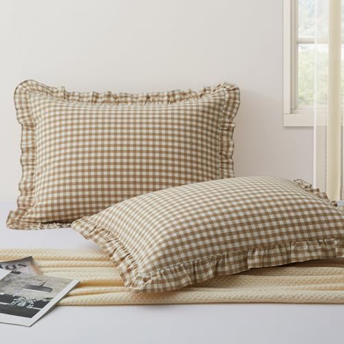 KKJIAF 2 Pcs Plaid Ruffle Pillow Case King Size, Taupe Plaid by KKJIAF