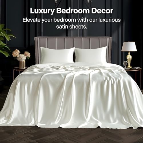 BEDELITE Satin Sheets King Size Bed Set, Ivory White, 4 Pieces - Image 2