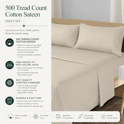 Feather & Stitch 100% Cotton Sateen 500 TC Split King Size Bed Sheet Set - Image 6