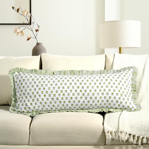 CPC Block Print Lotus Meadow Ruffle Cotton Lumbar Pillow Cover 14x36 inch by COTTONPRINTCLUB