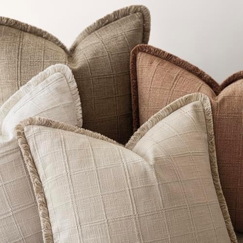 Foindtower Set of 2 Decorative Linen Check Fringe Throw Pillow Covers Farmhouse - Image 4