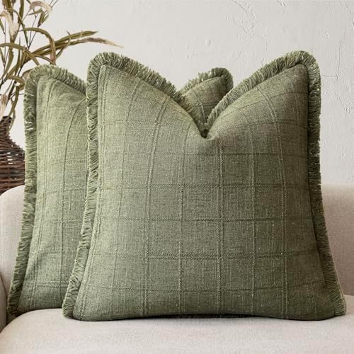 Foindtower Set of 2 Decorative Linen Check Fringe Throw Pillow Covers Farmhouse by Foindtower