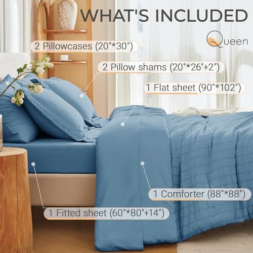 MUXHOMO 7 Pieces Queen Comforter Set, Seersucker Bed in a Bag Queen Size - Image 4