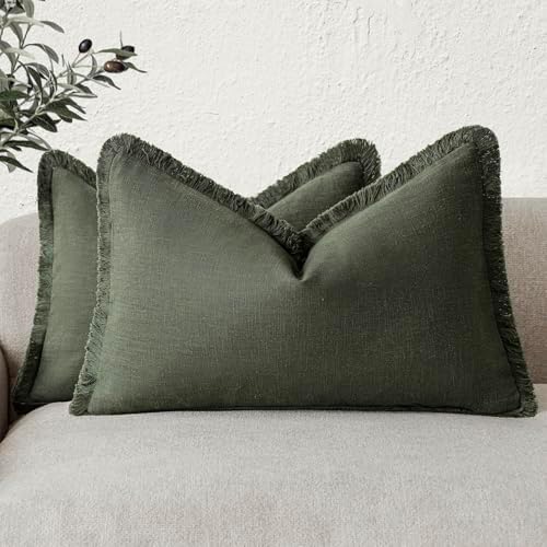 Foindtower Boho Linen Fringe Lumbar Throw Pillow Covers 12×24 Dark Green by Foindtower