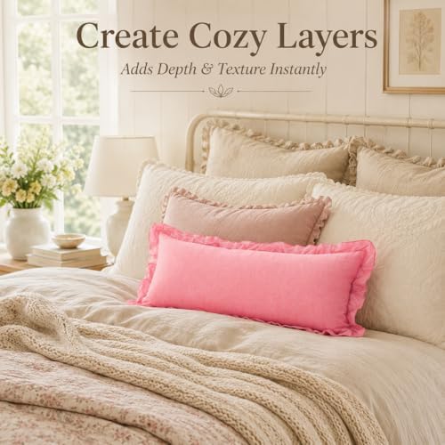 JoraLion Ruffled Lumbar Pillow Cover 14x36 Solid Pink - Image 2