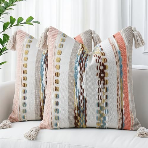 PANOD Chenille Farmhouse Throw Pillow Covers 16 x 16 Red Brown, Neutral Boucle - Image 2