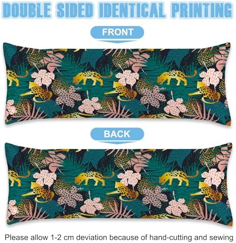 Body Pillow Cover with Zipper, Tropical Flowers Palm Leaves Jaguar Imitation - Image 3
