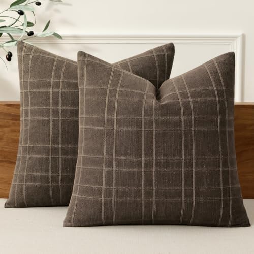 MIULEE Linen Plaid Pillow Covers Fall Decorative Euro 24x24 Dark Coffee by MIULEE