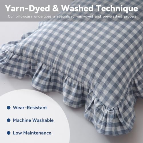 Gingham Lumbar Pillow Cover 36x14, Dusty Blue, Ruffle Trim, 1 Pack - Image 4