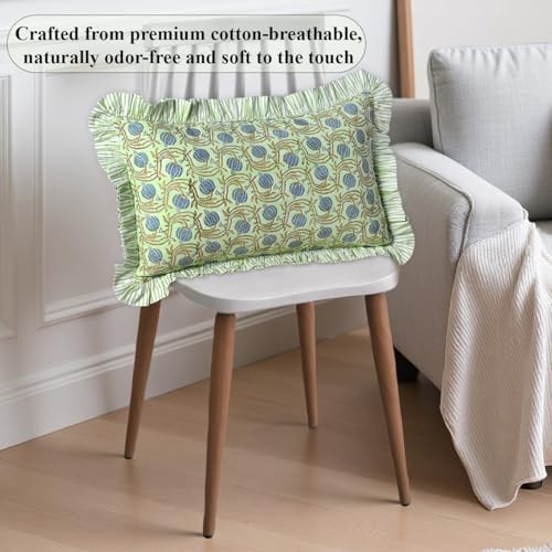 Ridhi Block Print Apple Green Ruffle Lumbar Pillow Shams - Image 6