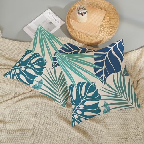 Tropical Pillow Covers 16x16 Set of 2 Navy Blue Aqua Teal Monstera Palm Leaf - Image 5