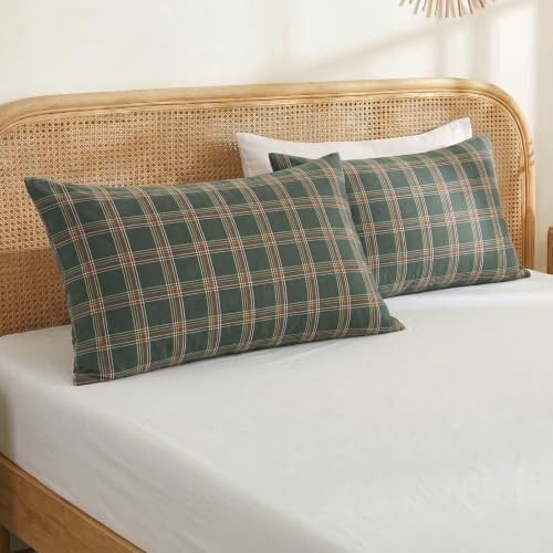 Merryword 100% Cotton Pillow Cases, King Size, Washed Cotton Deep Green Plaid - Image 3