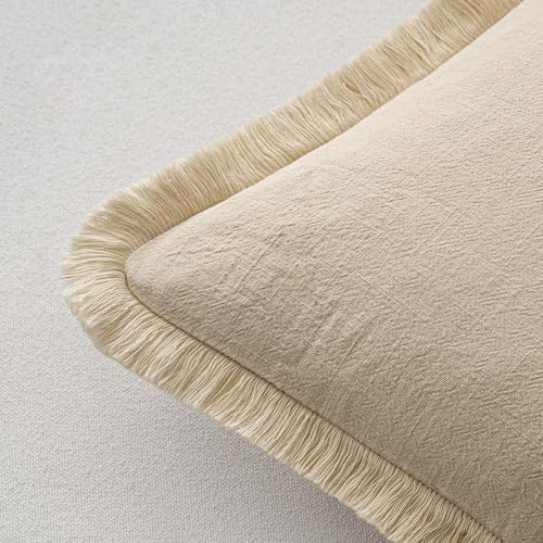 MIULEE Boho Linen Fringe Decorative Lumbar Throw Pillow Covers Beige 12x20 - Image 3