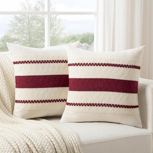 Fancy Homi Set of 1 Burgundy Boho Decorative Throw Pillow Covers 18x18 Inch - Image 2