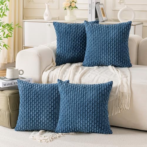 Set of 4 Blue Decorative Throw Pillow Covers 20x20 Inch Corduroy Pillow Covers by Cozoomy
