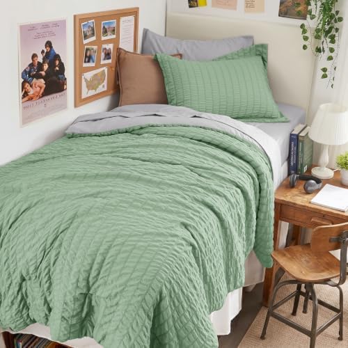 HYMOKEGE Sage Green/Light Grey Twin Comforter Set Seersucker 5 Pieces, All by HYMOKEGE