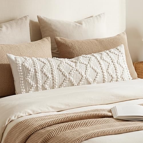 BlissBlush Pure White Decorative Lumbar Pillow Cover 14x36, Boho Long Throw by BlissBlush