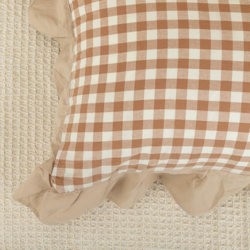 JoraLion Ruffled Throw Pillow Cover 18x18 Gingham Khaki Solid Edge - Image 6