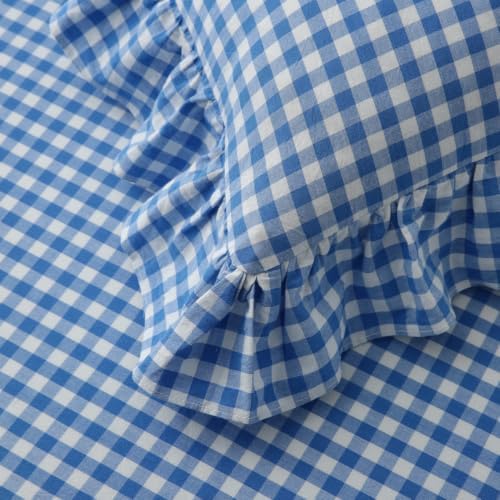 Silnuo 2 Pack Royal Blue/White Gingham Ruffle Throw Pillow Covers 20"x20" - Image 5